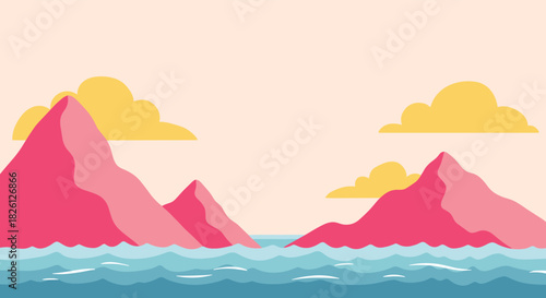 Serene pink mountains meet the vibrant blue ocean under a pastel sky with fluffy clouds.