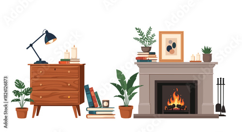 Cozy living room scene with a fireplace and a wooden dresser filled with books and plants.