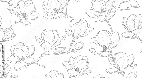 Black and white floral pattern with sketched magnolia flowers and leaves.
