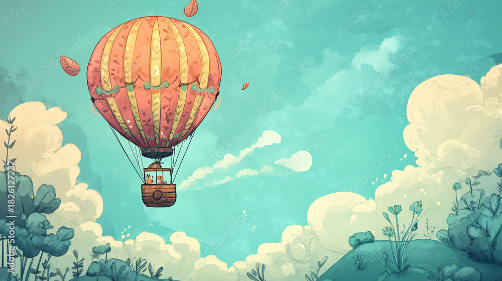 Obraz premium Whimsical hot air balloon floating in a dreamy, pastel-colored sky
