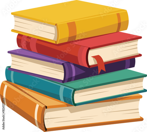 Colorful stacked books illustration, vibrant education concept artwork, learning and reading materials, academic study resources, isolated pile of hardcover textbooks