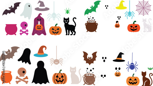 Colorful Halloween icon collection with ghosts, bats, pumpkins, spiders, witch hat, black cat, cauldron and skull for festive spooky designs