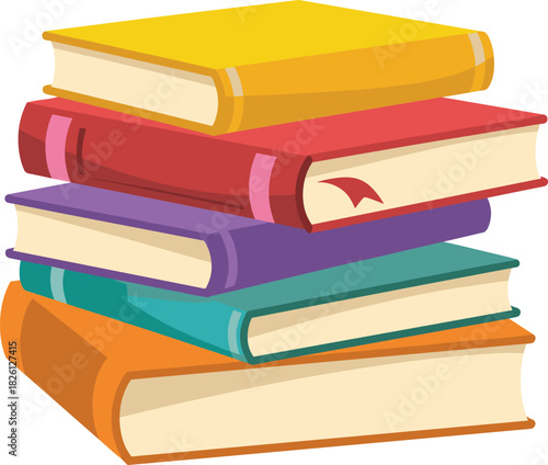 Colorful stacked books illustration, vibrant education concept artwork, learning and reading materials, academic study resources, isolated pile of hardcover textbooks