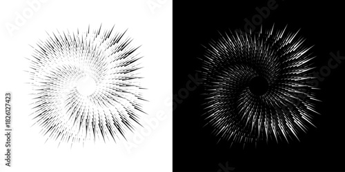 Dynamic abstract spiral sound wave rhythm lines. Circular spiral sound wave rhythm of lines. Circular futuristic abstract lines, black and white background.	