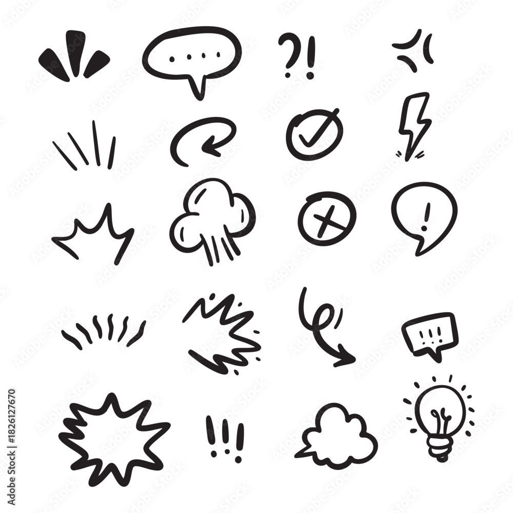 Fototapeta premium Hand-drawn doodle set of comic speech bubbles and expression elements.