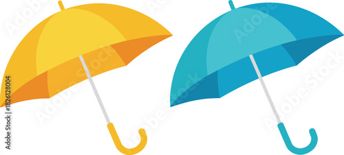 Colorful yellow and teal umbrella illustration, minimalist vector design, isolated on white background, rainy season accessory, waterproof shade concept, modern graphic
