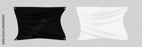 Black hanging textile banners. Realistic fabric banners. Vector illustration for advertising, poster, message, promotion