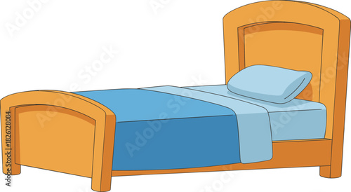 Cozy wooden single bed with soft mattress, pillow, and warm blanket in clean cartoon style bedroom furniture illustration for interior design