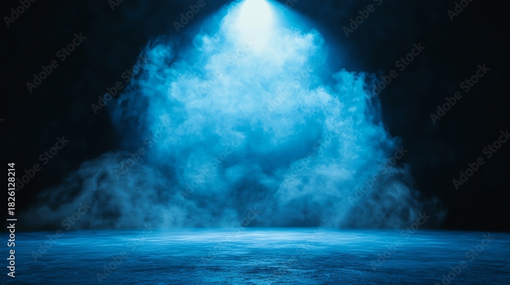 Naklejka premium Dramatic Spotlight and Blue Smoke on Stage Floor Backdrop for Performance