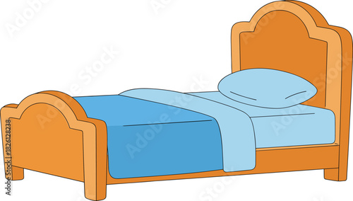 Cozy wooden single bed with soft mattress, pillow, and warm blanket in clean cartoon style bedroom furniture illustration for interior design