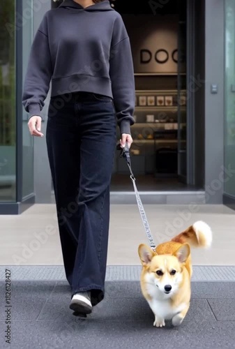 A woman leaves a dog store with a corgi