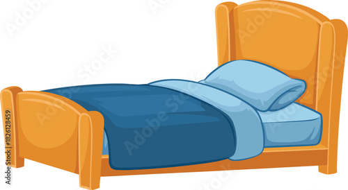 Cozy wooden single bed with soft mattress, pillow, and warm blanket in clean cartoon style bedroom furniture illustration for interior design