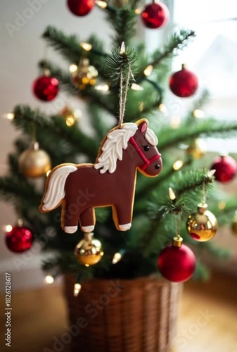 Gingerbread horse ornament hanging on Christmas tree with decorations  