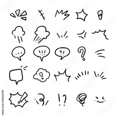 Hand-drawn comic style expression marks and speech bubbles.