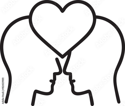 A simple black and white illustration of two faces kissing under a heart
