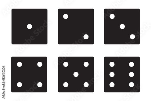 Game dice icon set. Dice square icon set with six-sided dice designs. A complete vector illustration of classic casino and board game dice for gaming and entertainment visuals.