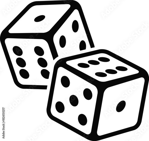 Black and white illustration of two dice showing various numbers, representing games of chance and luck