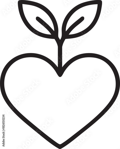 A simple line drawing of a heart shape with a sprouting leaf