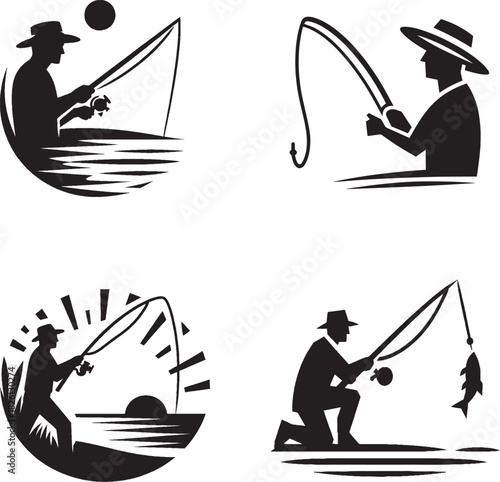 Black Silhouette Fishing Icons – Stylized Recreational Angler Line Art Set