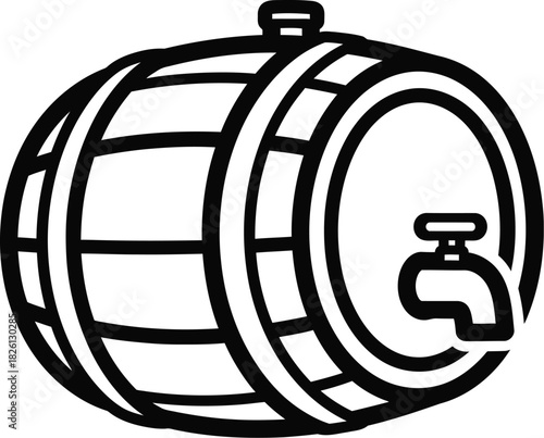 Wooden barrel with a tap, an outline illustration representing traditional beverage storage and dispensing