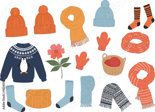 Cozy Winter Knitwear Vector Set Featuring Sweaters with Penguin, Pom Pom Hats, Scarves, Mittens, Socks, and Warm Seasonal Accessories Illustration.