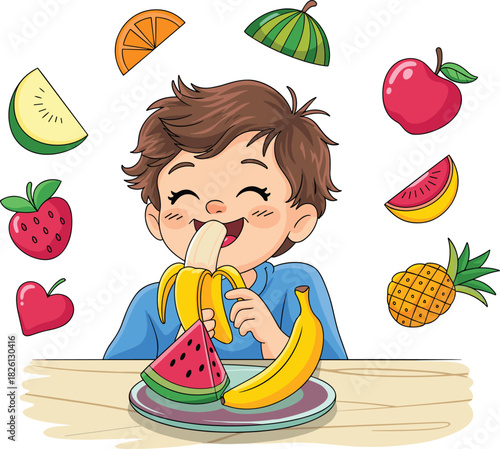 Cute cartoon boy happily eating fresh banana with assorted fruits, healthy eating illustration, colorful nutrition concept for children, fun artwork
