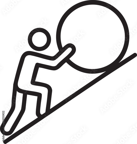 A person struggles to push a large circular object up an inclined plane
