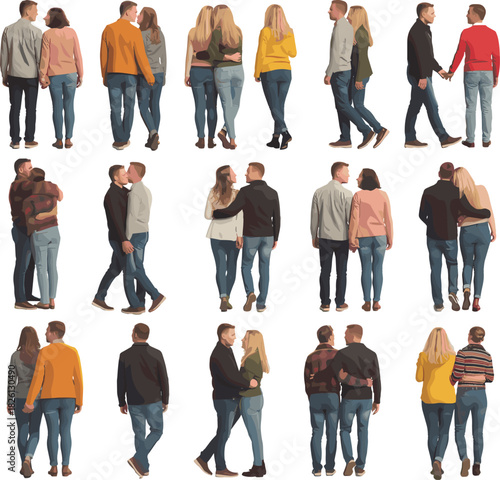 Studio portrait collection of diverse couples posing, standing and walking together, fashion casual outfits, relationship moments, full-body people photography set