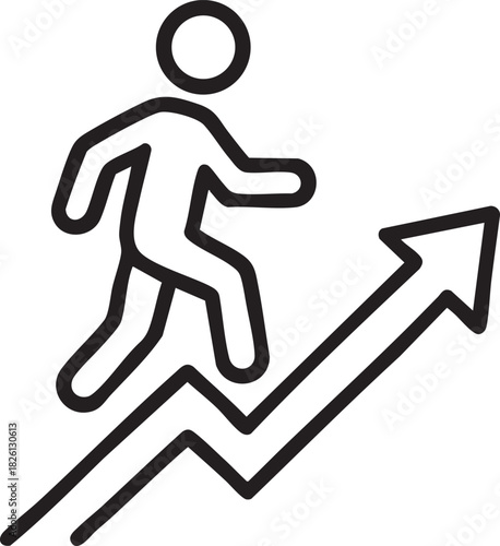 A stick figure running up a rising arrow representing growth and progress