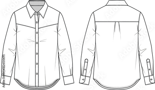 Button-down shirt technical flat sketch, long sleeve blouse illustration, detailed apparel design template, fashion garment outline for sewing, production, and manufacturing