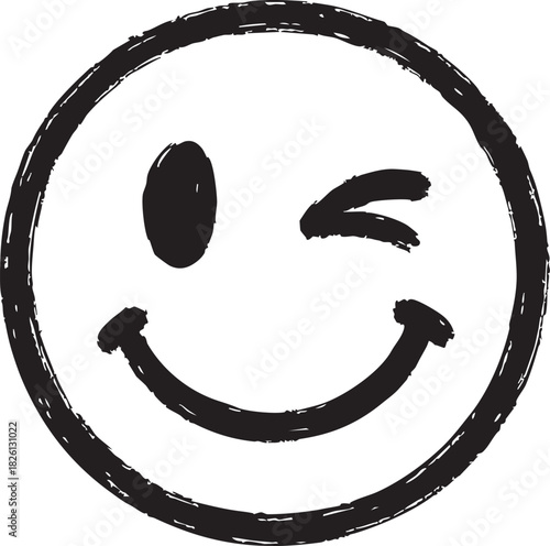 A simple black and white hand drawn winking smiley face illustration