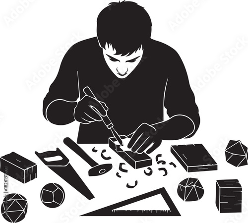 Silhouette of a craftsman focused on detail carving a miniature with tools and geometric shapes