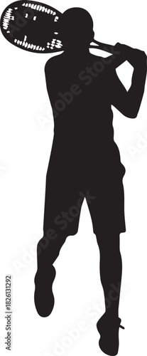 Dynamic silhouette of a tennis player in motion ready to serve the ball