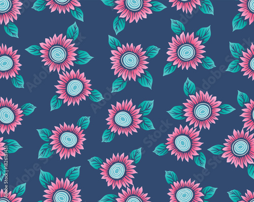 Japanese Pink Circle Flower Leaf Vector Seamless Pattern