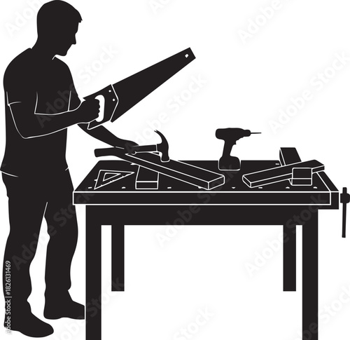 Silhouette of a person working at a workbench with various woodworking tools and equipment