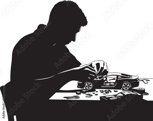 Silhouette of person assembling a detailed model car kit a focused hobby pastime