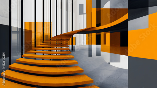 Ascending Architecture: A captivating modern interior featuring a vibrant orange staircase ascends gracefully, set against a backdrop of geometric design and architectural lines.