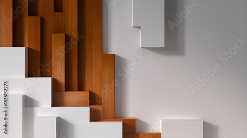 Geometric Composition: A sophisticated composition of architectural elements, combining sleek white and warm wooden textures, creating a striking contrast that emphasizes depth and dimension.