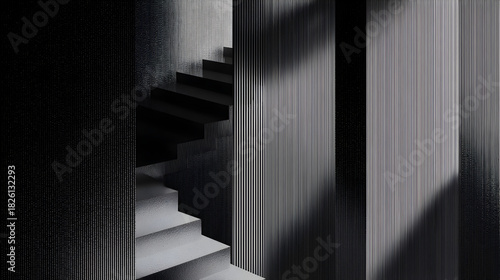 Stairway to Shadows: A captivating image features a minimalist, architectural staircase shrouded in shadows, with a play of light and shadow, evoking a sense of mystery and depth.