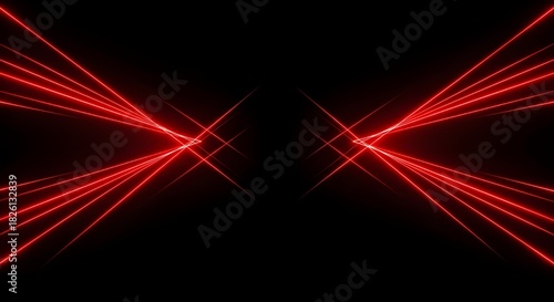 Symmetrical red laser beams create abstract geometric pattern on black background