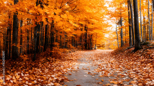 Golden Autumn Pathway: An enchanting pathway, adorned with a vibrant tapestry of golden leaves, meanders through a sun-kissed forest, celebrating the serene beauty of autumn.