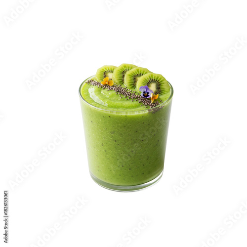 Fresh green smoothie with kiwi, in a glass, a healthy cold fruit beverage