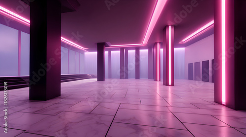 Neon Lit Interior: A spacious, modern interior illuminated by sleek neon lights, creating a futuristic ambiance and minimalist design.