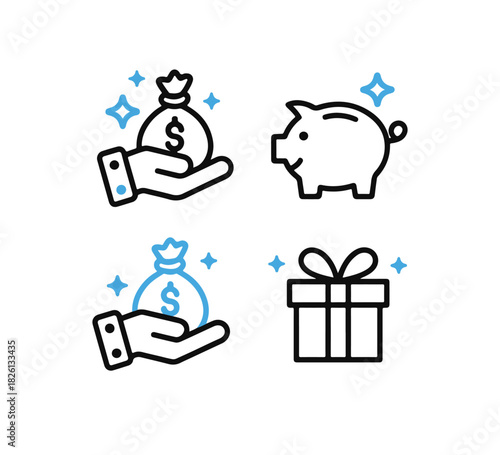 Financial Savings, Investments, Gifts, and Charity Pictorial Icons for Business Success and Charitable Giving Initiatives
