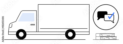 Delivery truck next to a speech bubble showing feedback and approval checkmark, accompanied by books. Ideal for logistics, communication, approval workflow, e-commerce, education, teamwork, simple