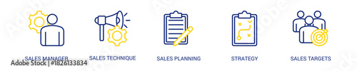 Sales Management Line Color Icon Set For Web Banner. Vector Illustration Concept With Some Icons. Designed In Line Color Style