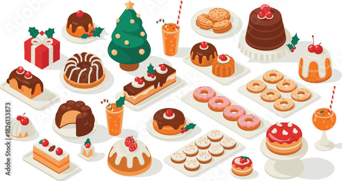Festive Christmas dessert collection in isometric style featuring cakes, donuts, pastries, cookies, sweets, holiday treats, drinks, and decorations