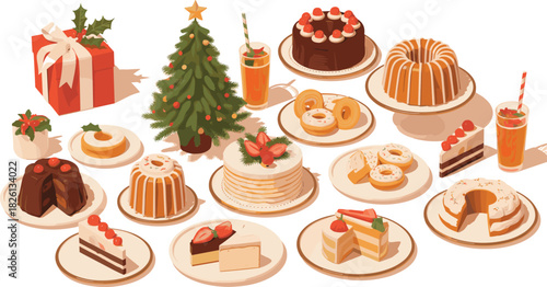 Festive Christmas dessert collection in isometric style featuring cakes, donuts, pastries, cookies, sweets, holiday treats, drinks, and decorations