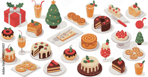 Festive Christmas dessert collection in isometric style featuring cakes, donuts, pastries, cookies, sweets, holiday treats, drinks, and decorations