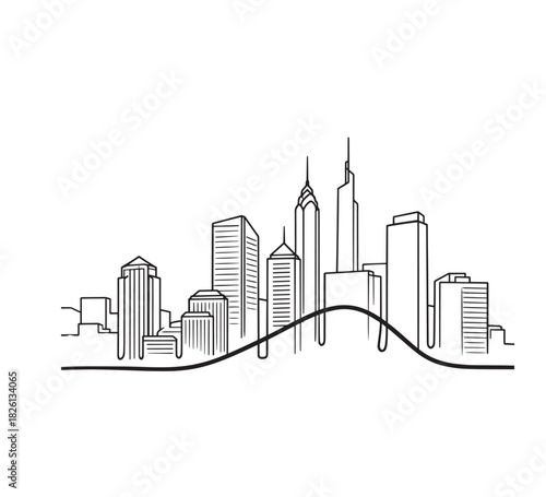 Minimalist City Skyline A Simple Line Drawing of Urban Architecture with buildings and linear design